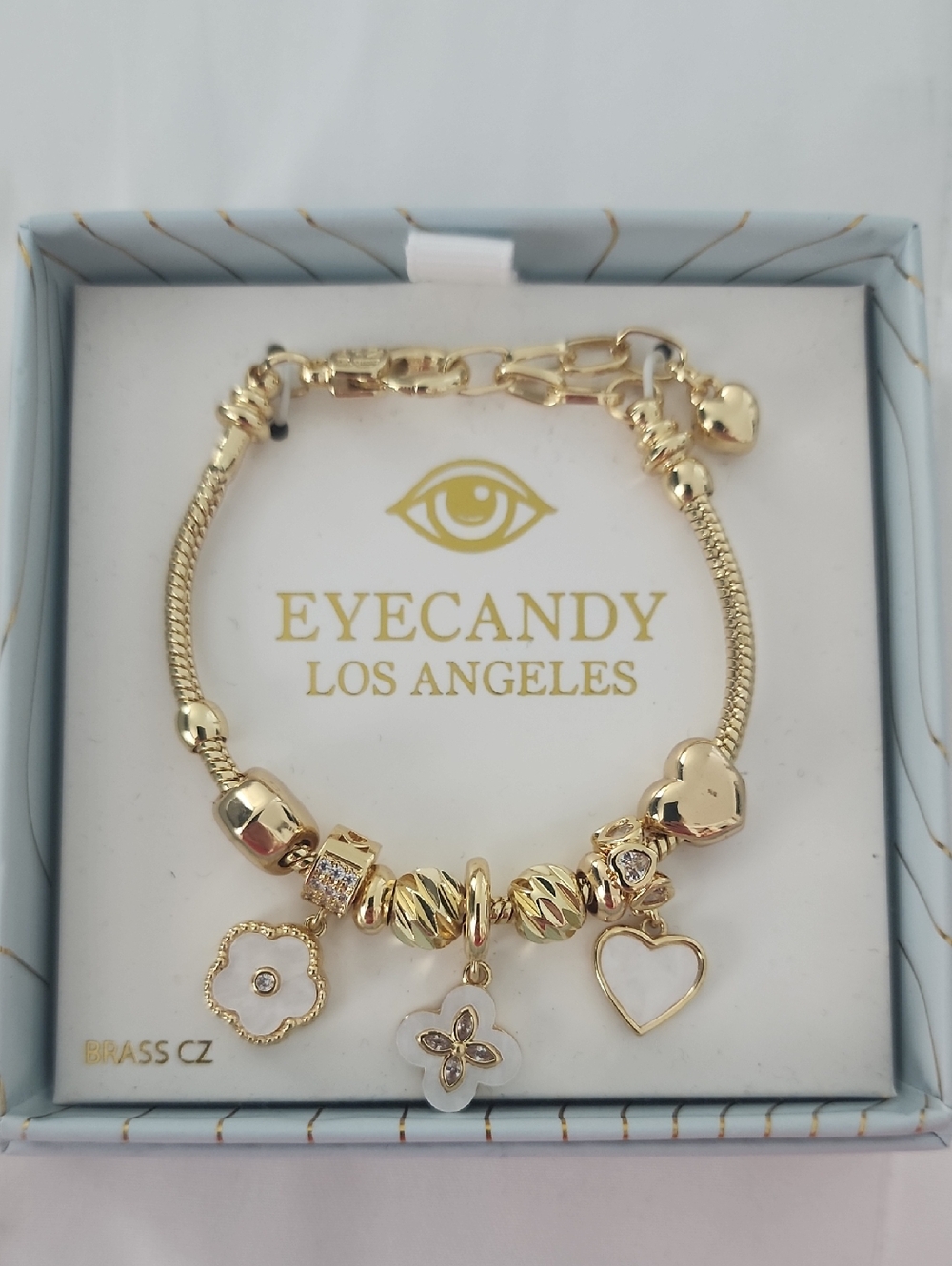 eye candy Gold Heart & Flower Charm CZ Bracelet